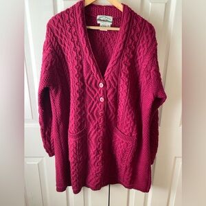 aran crafts Ireland Magenta Wool Fisherman Longline Cardigan Sweater Coat XXL